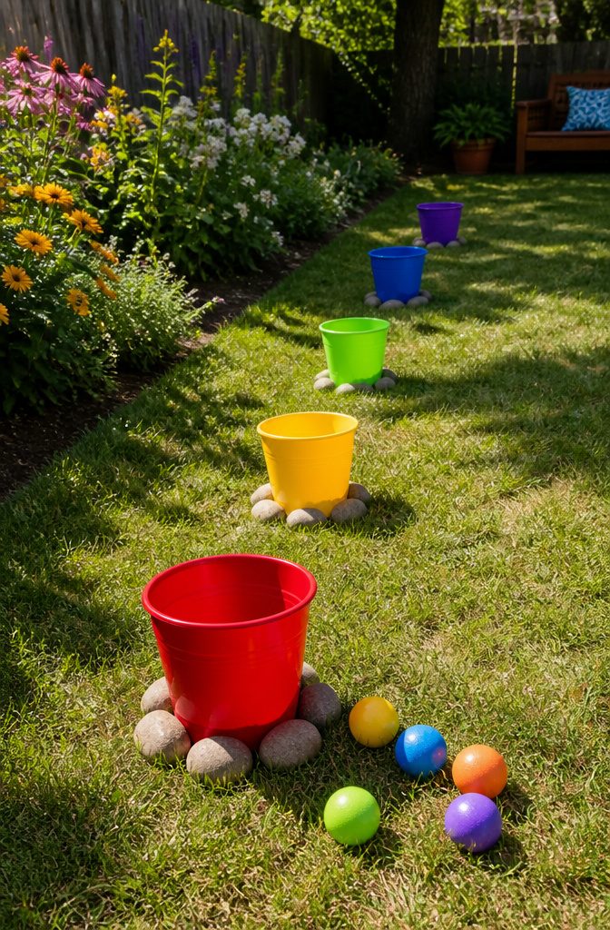 A Bucket Ball Toss game with several colorful buckets on grass.
