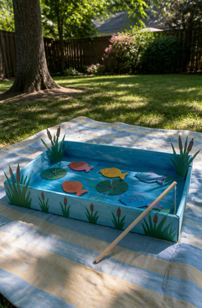A fishing game setup with a dowel rod and painted cardboard pond.
