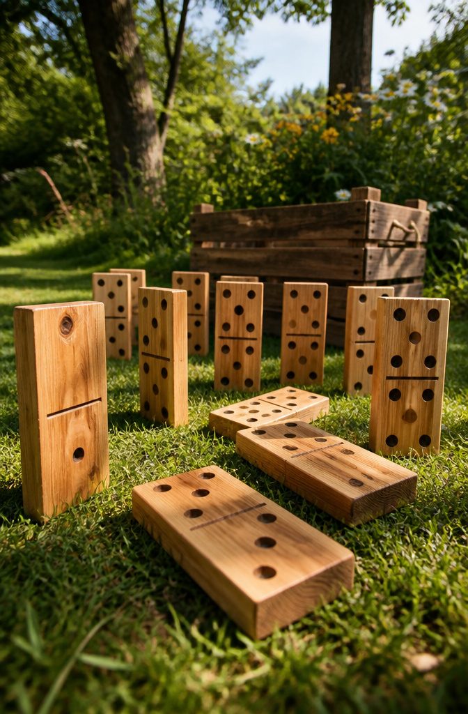 A set of large wooden dominoes arranged on the grass.