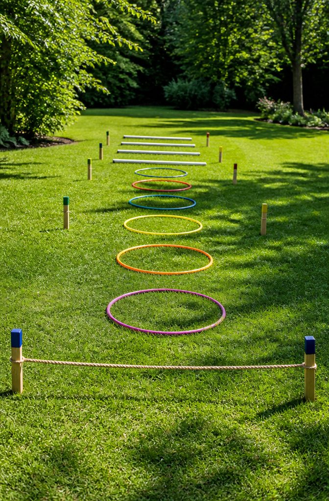 An obstacle course made with PVC pipes and hula hoops.