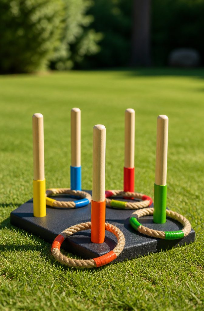 A ring toss game made with rope rings and a wooden base.