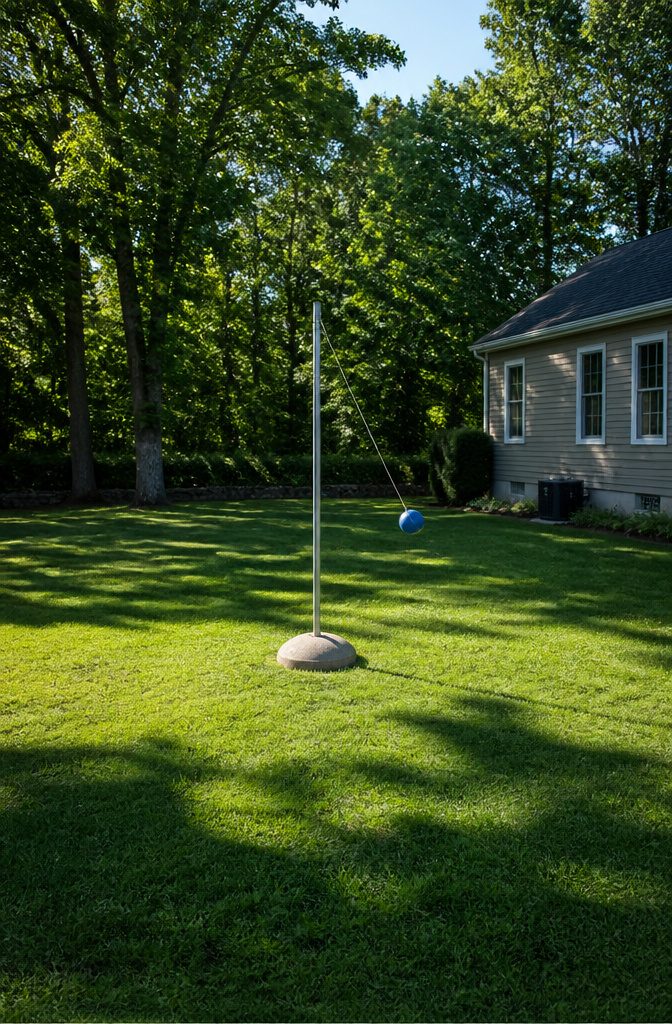 A tetherball setup with a pole and a ball on a rope.