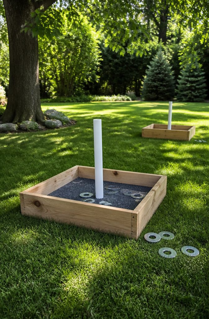 A Washer Toss game set up with two wooden boxes and washers.