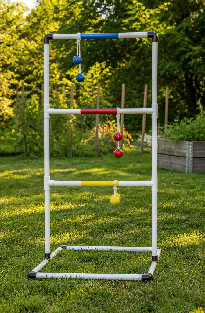 A DIY Ladder Toss game with PVC frame and colorful bolas.