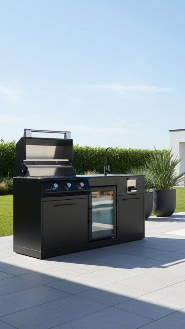 A modern black compact outdoor kitchen station with a grill, sink, and small refrigerator.