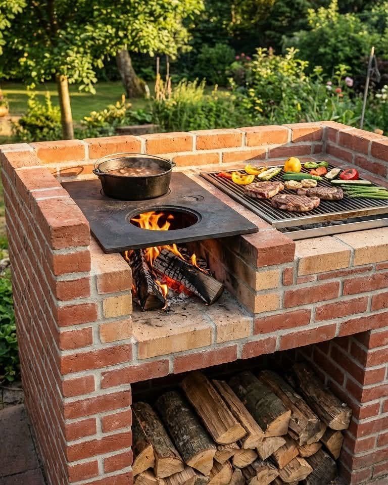 A brick outdoor grill station with food cooking over an open wood fire.