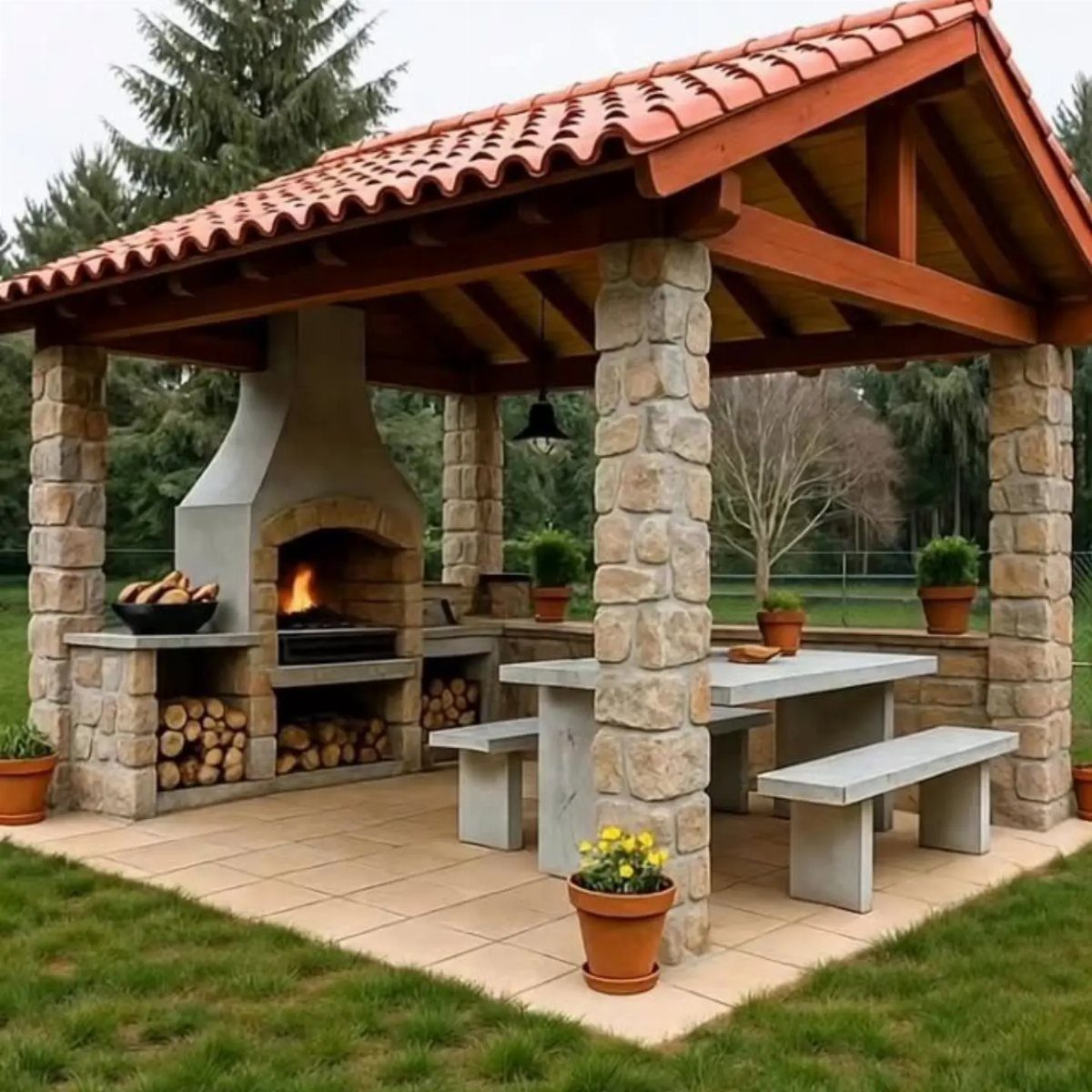 Stone outdoor kitchen pavilion with a built-in grill, dining table, and stone benches.