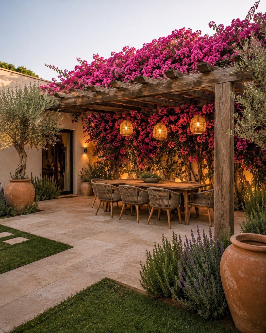 A wooden dining table set under a flowering pergola with hanging lanterns on a stone patio.