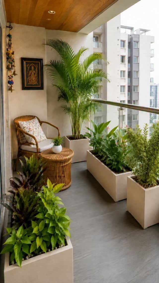 Green plants in various planters arranged on a narrow balcony with wicker furniture.