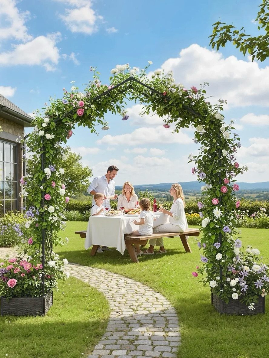 A flowering garden arch frames a family dining outdoors on a sunny day.