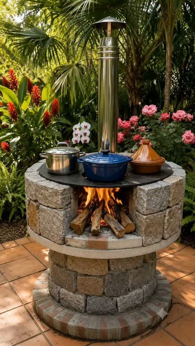 A stone outdoor fireplace with a burning fire and cooking pots amidst tropical greenery.