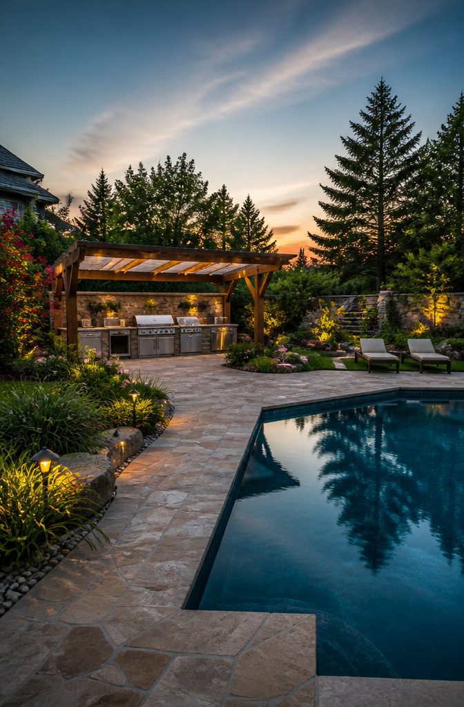Pergola with adjustable canopy over an outdoor kitchen.