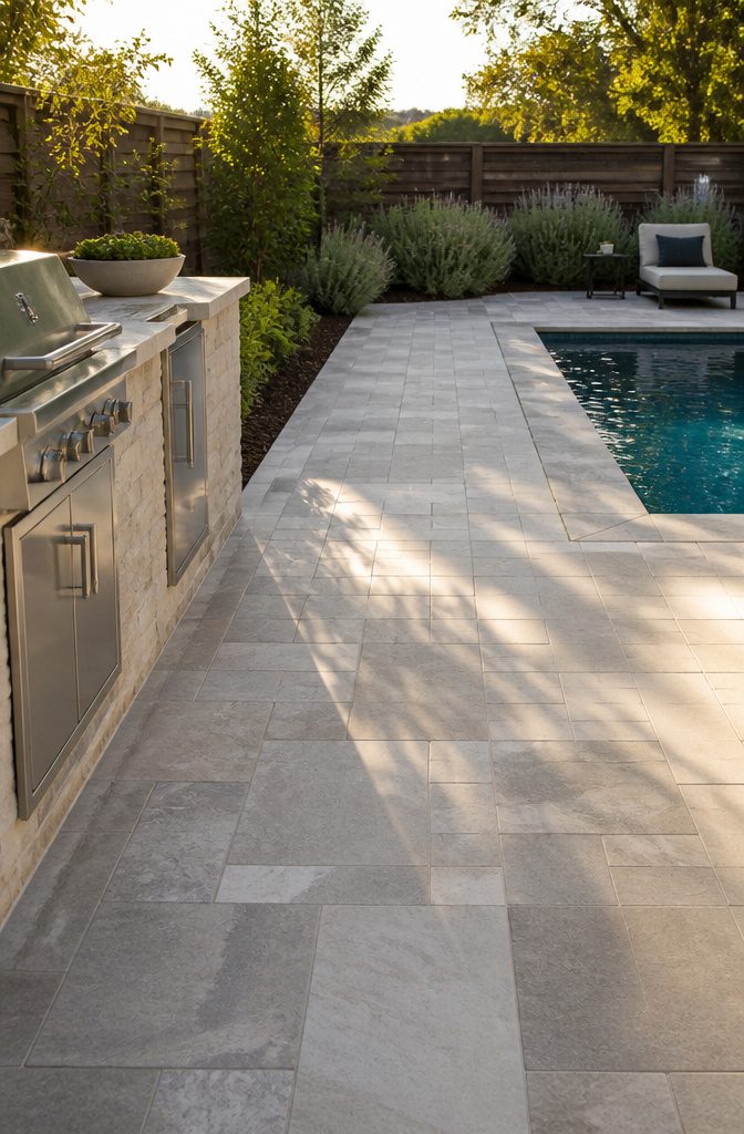Concrete pavers leading from the outdoor kitchen to the pool.