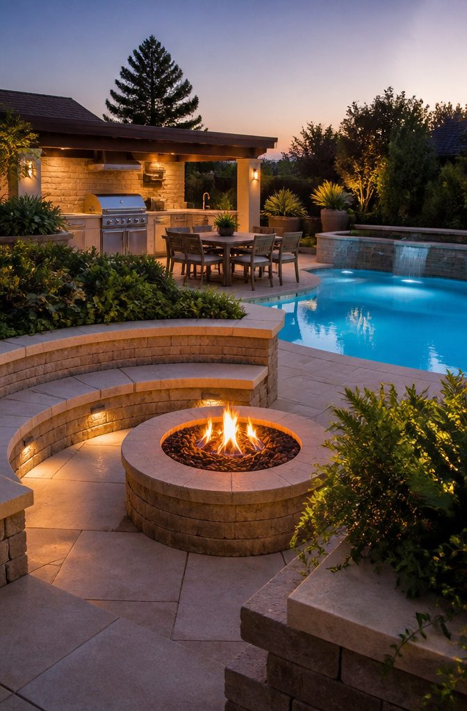 Fire pit made from local stone with seating around it.