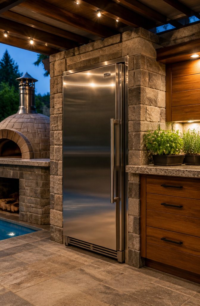Outdoor refrigerator situated next to a prep counter.