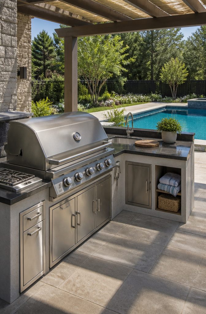 Built-in BBQ island with grill, side burners, and storage near a pool.