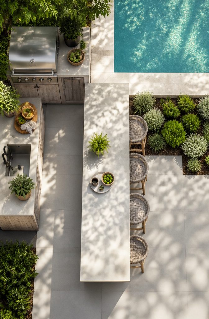 L-shaped outdoor kitchen with bar seating and grill.