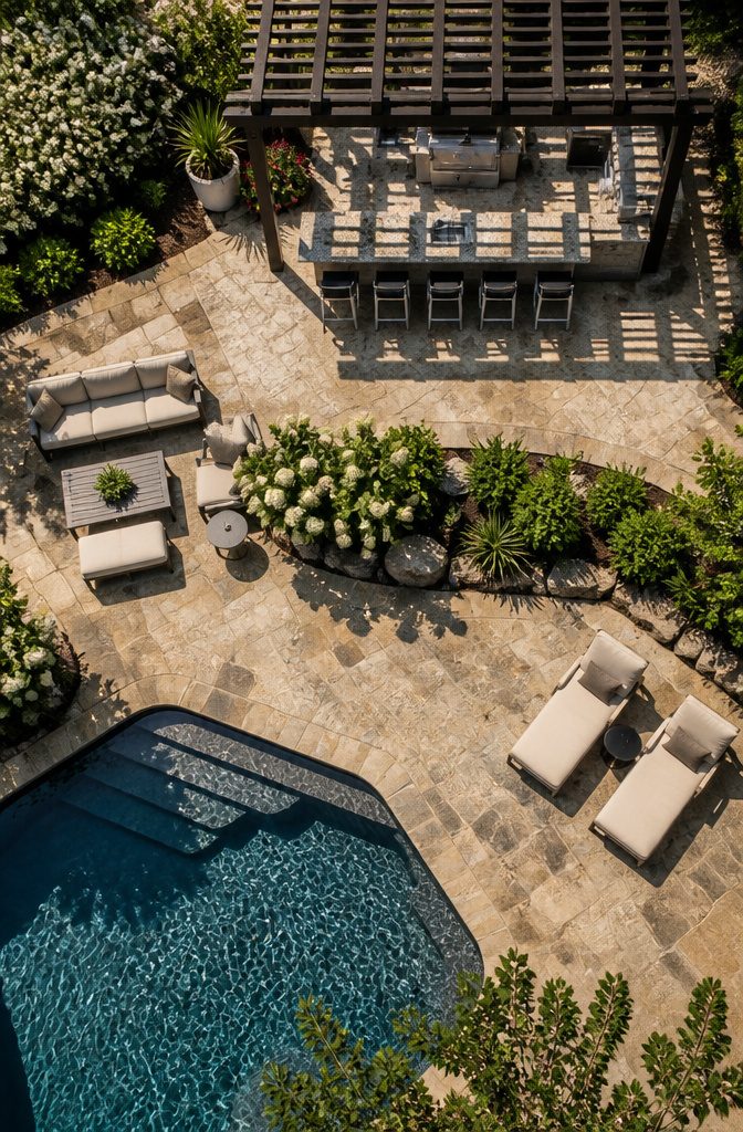 Grill positioned to avoid smoke drifting towards pool area.