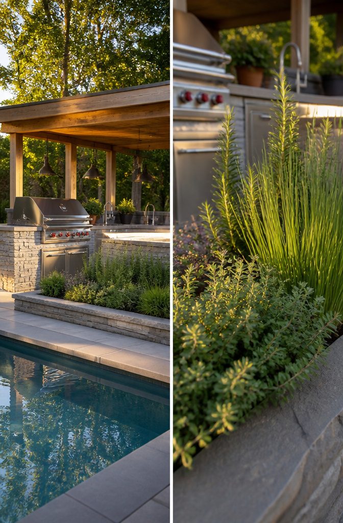 Garden beds with herbs surrounding an outdoor kitchen.