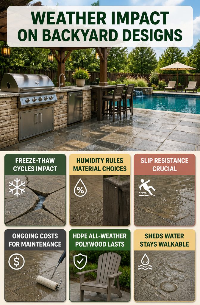 Information image about weather effects on backyard designs.
