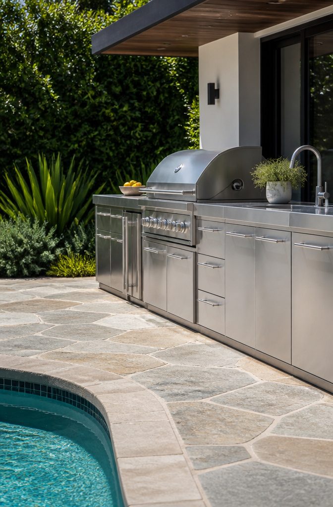 Stainless steel cabinetry and countertops in an outdoor kitchen.
