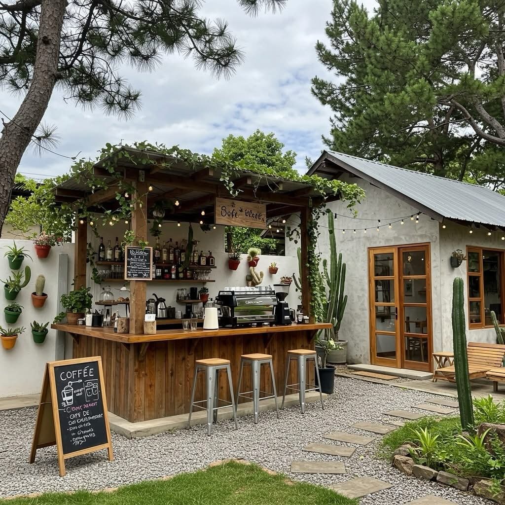 A wooden outdoor bar with a vine-covered roof, espresso machine, and metal stools on gravel.