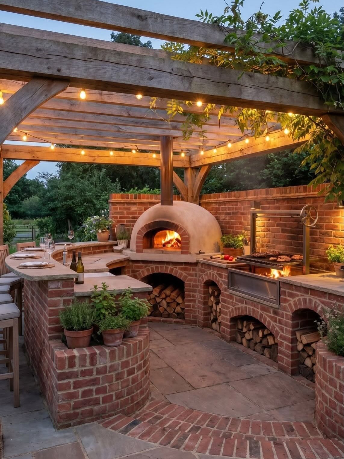 A brick outdoor kitchen featuring a built-in wood-fired pizza oven and a curved bar counter.