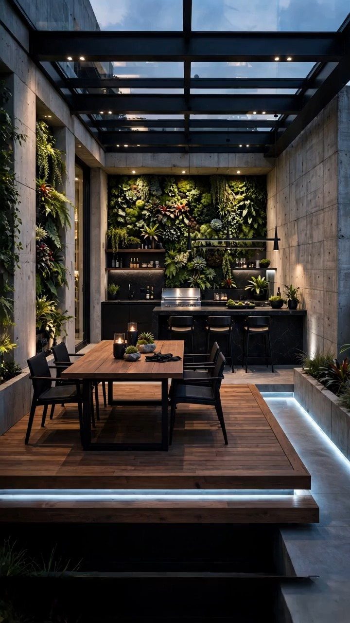 Lush green vertical garden covering a concrete wall behind a modern outdoor kitchen and dining area.