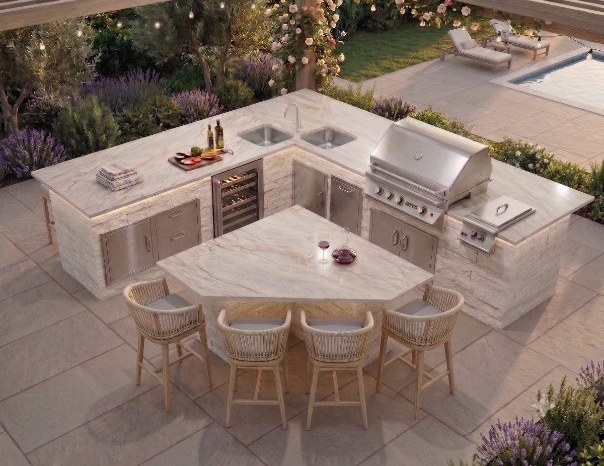 Woven bar stools tucked under a tiered stone outdoor kitchen countertop in a garden.