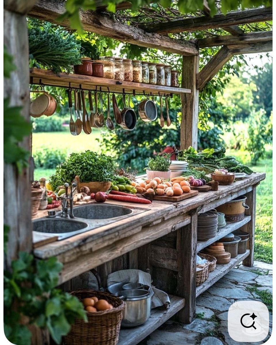 Rustic wooden outdoor kitchen structure featuring fresh vegetables, herbs, and hanging cooking utensils.