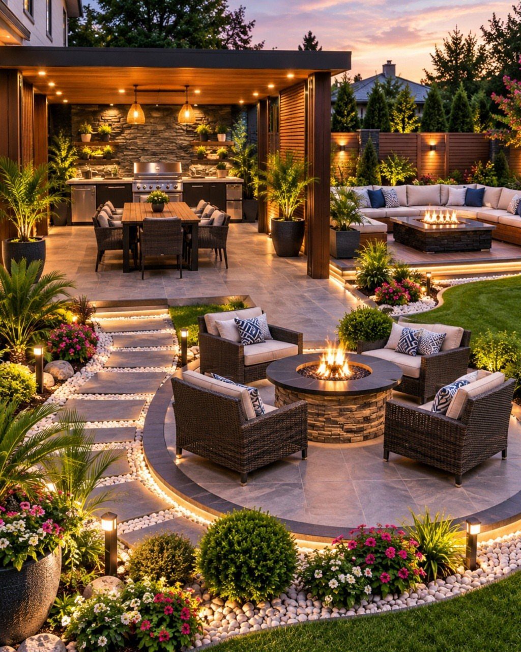 Luxury outdoor kitchen and lounge area with a built-in grill, dining table, and circular fire pit.