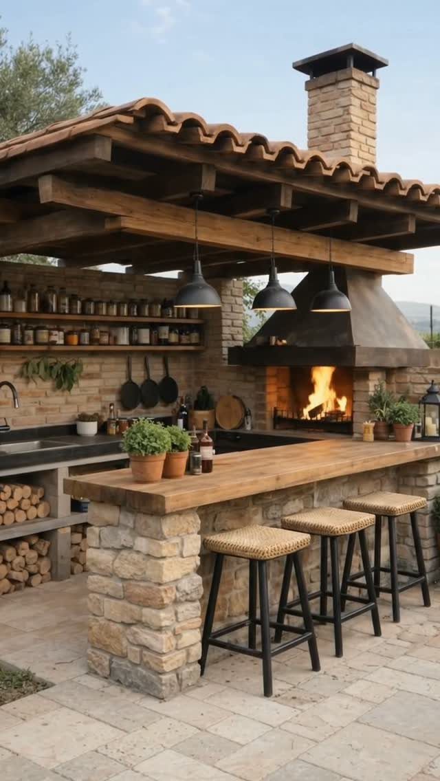 A rustic outdoor kitchen with a stone bar, wooden countertop, and a burning fireplace under a tiled roof.