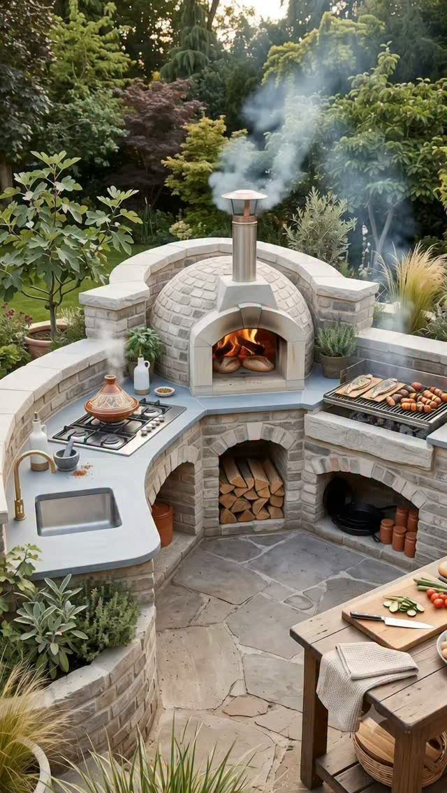 Stone outdoor kitchen with a wood-fired pizza oven, gas cooktop, sink, and grill in a garden.