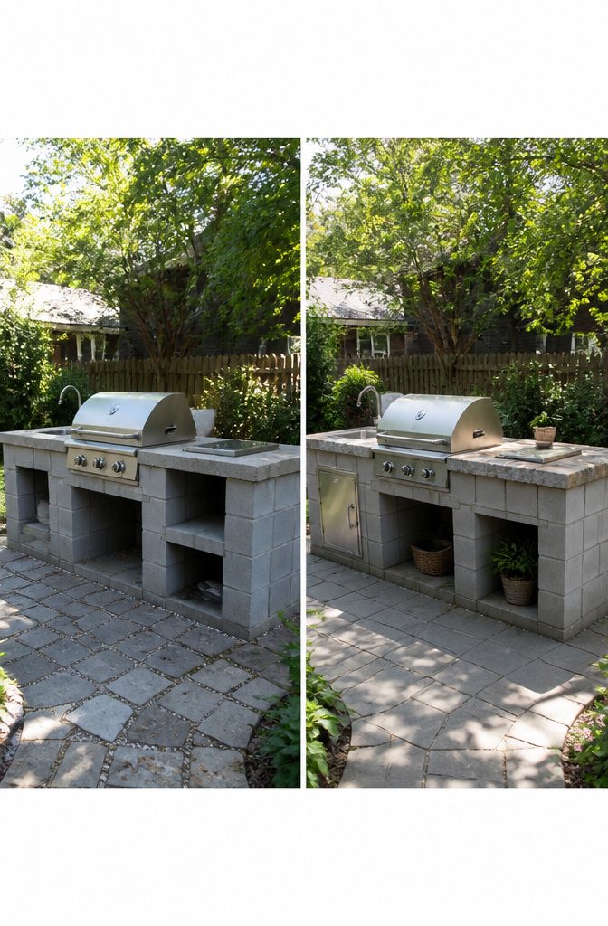 Basic rectangular cinder block kitchen with a salvaged stone countertop.