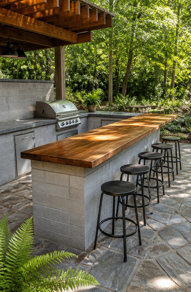 Cinder block kitchen with counter-height seating area.