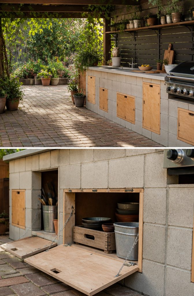 Cinder block kitchen with drop-down storage doors and bins.