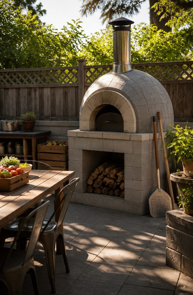 Cinder block pizza oven with a chimney and outdoor dining setup.