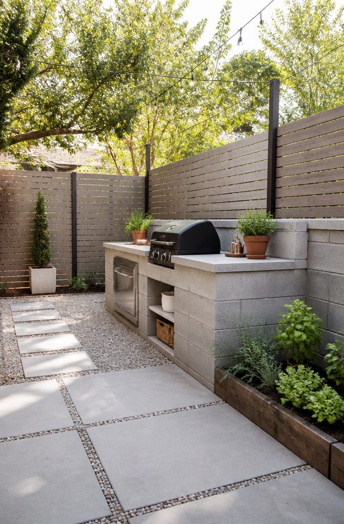 Small cinder block kitchen designed for a limited patio area.