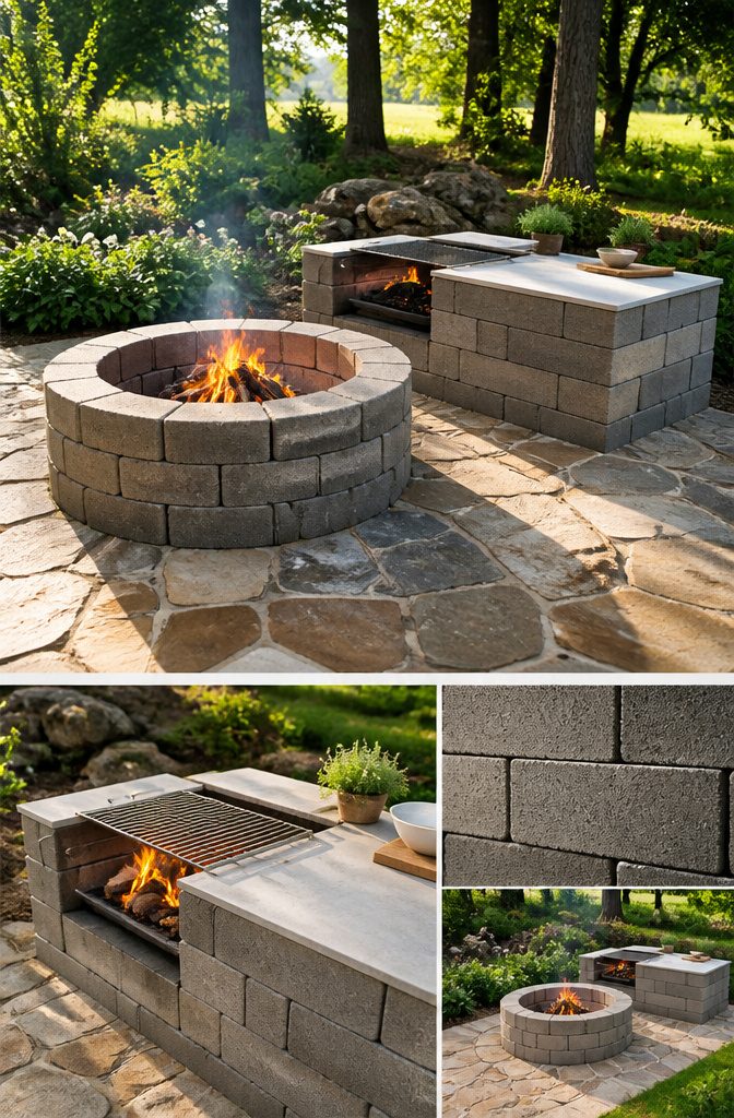 Cinder block kitchen alongside a circular fire pit in a backyard.