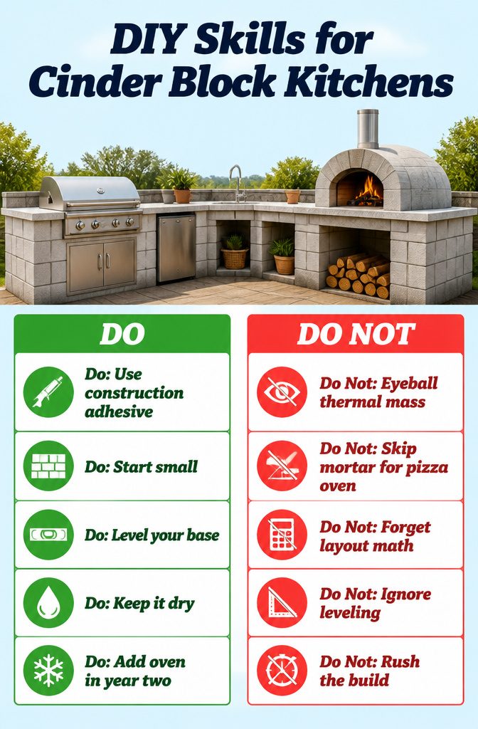 Guide to required skills for constructing a cinder block kitchen.
