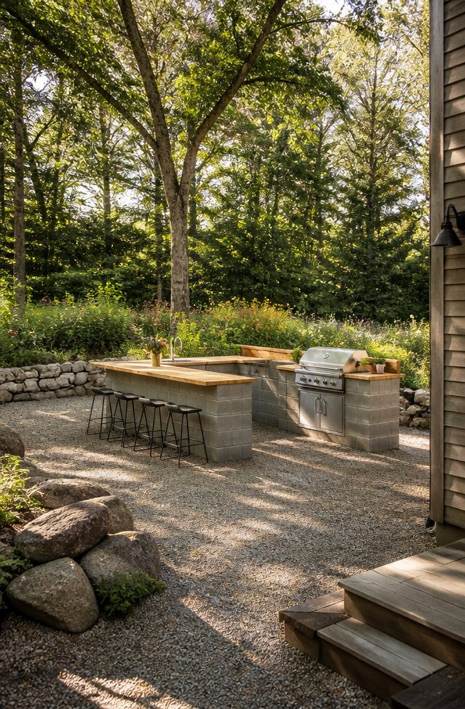 L-shaped cinder block outdoor kitchen with open bar seating.