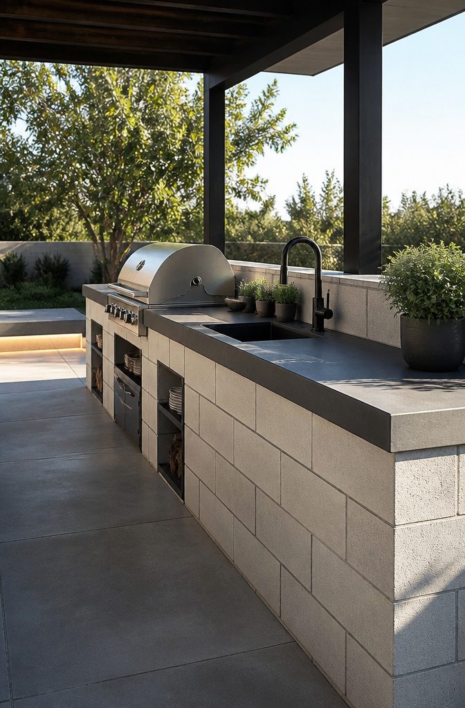 Sleek cinder block kitchen with a matte black countertop.