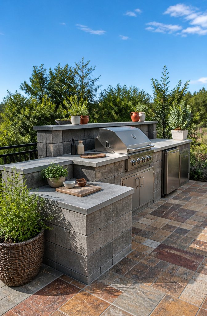 Multi-level cinder block kitchen with distinct cooking and serving surfaces.