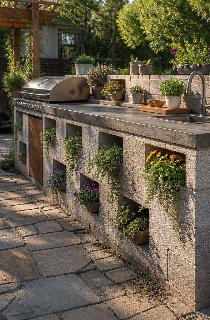 Planter pockets integrated into a cinder block kitchen for growing herbs.