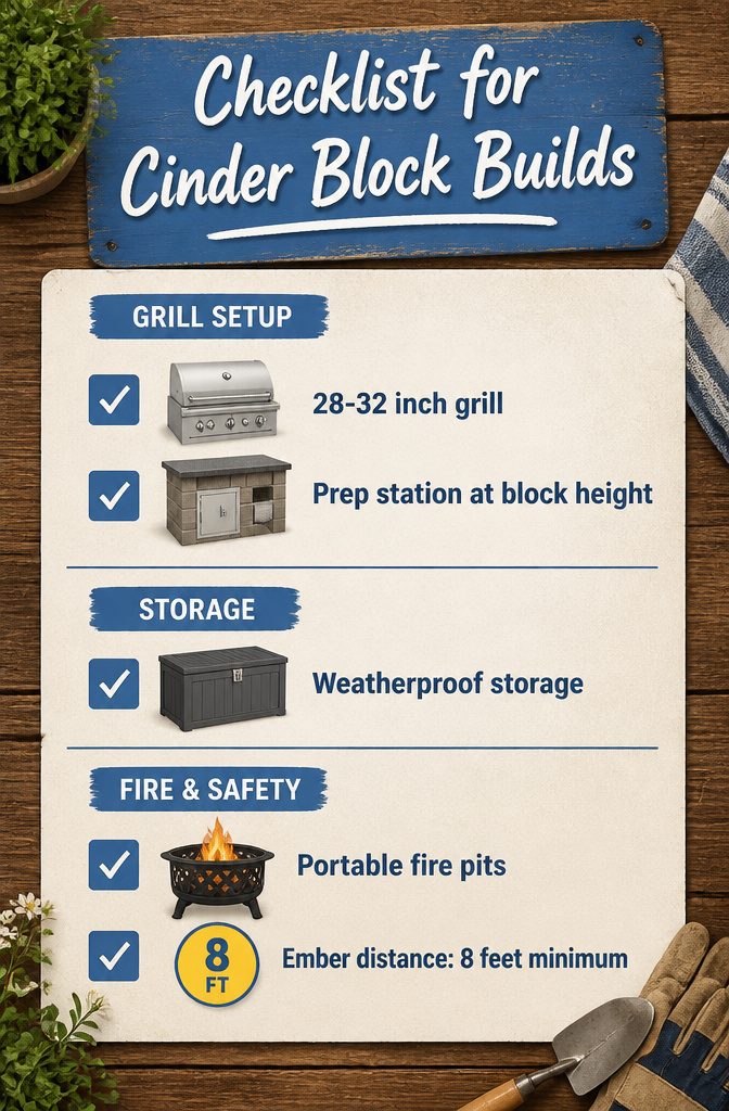 Checklist for outdoor products suitable for cinder block kitchens.