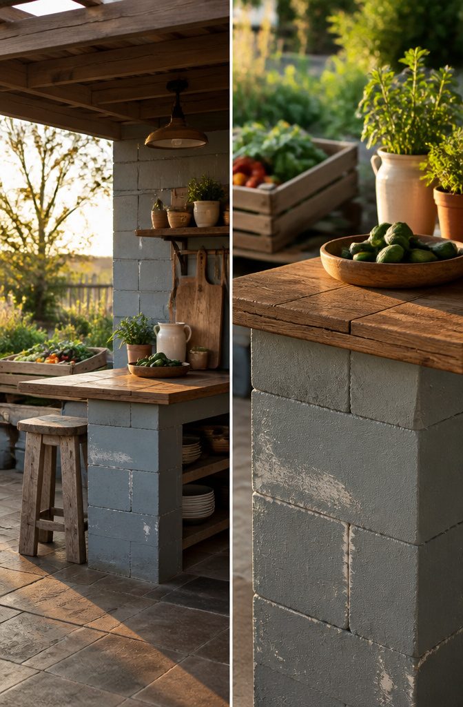 Cinder block outdoor kitchen with reclaimed wood countertop and metal accents.