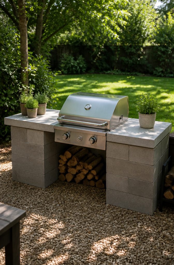 Cinder block grill station with concrete countertop in a sunny backyard.