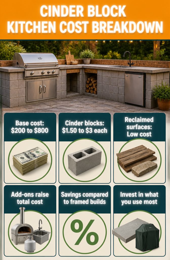 Cost breakdown for building a cinder block outdoor kitchen.