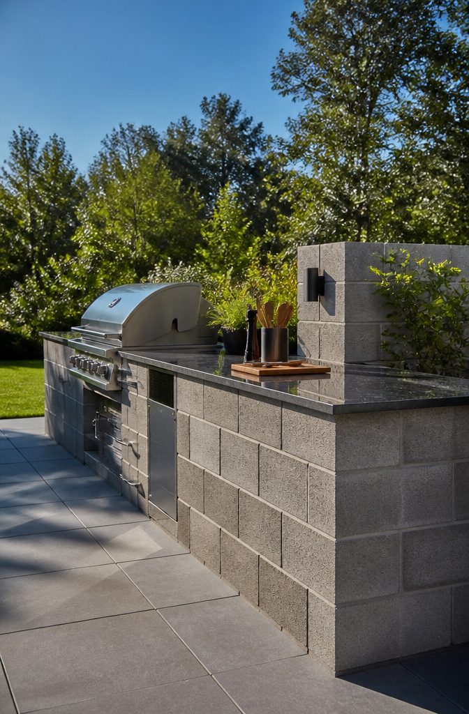 Cinder block kitchen structure designed for durability in outdoor settings.