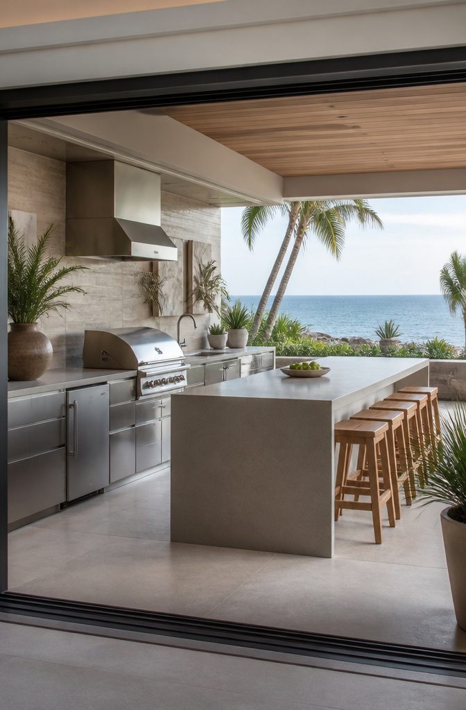 A coastal outdoor kitchen with soft-close cabinetry and a seamless countertop.